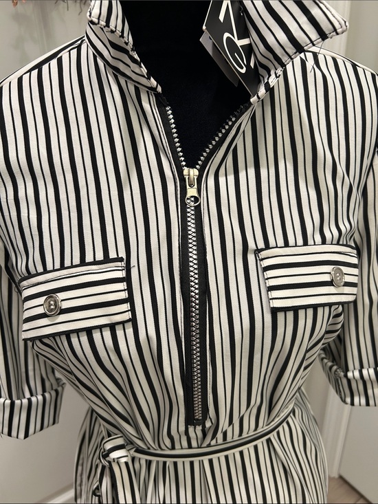 Mlle gabrielle Dresses & Skirts - NWT Mlle Gabrielle Black & White Vertical Stripe Midi Shirt Dress Size Small